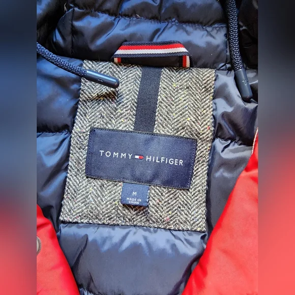 TOMMY HILFIGER Wool Herringbone Silk 65% DOWN PARKA Jacket Men M Hooded Fur